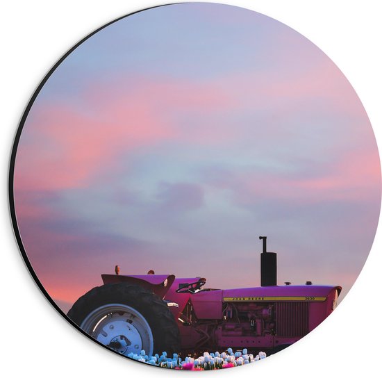 WallClassics - Dibond Muurcirkel - Roze Traktor in Felkleurend Bloemenveld - 20x20 cm Foto op Aluminium Muurcirkel (met ophangsysteem)