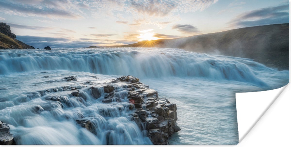 Poster Waterval - Water - Stenen - Zon - Natuur - 150x75 cm