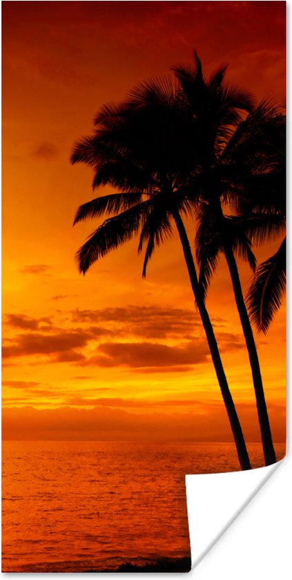 Poster Palmboom - Zonsondergang - Tropisch - Oranje - Zee - 40x80 cm