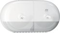 Witte Tork SmartOne Mini Twin Toiletpapier Dispenser met twee rollen papier.