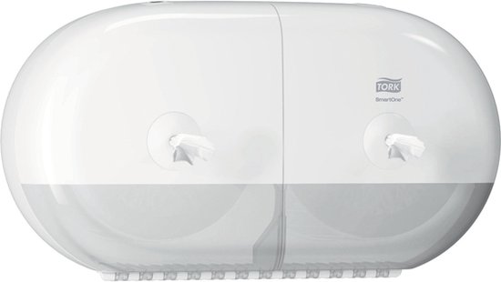 Witte Tork SmartOne Mini Twin Toiletpapier Dispenser met twee rollen papier.