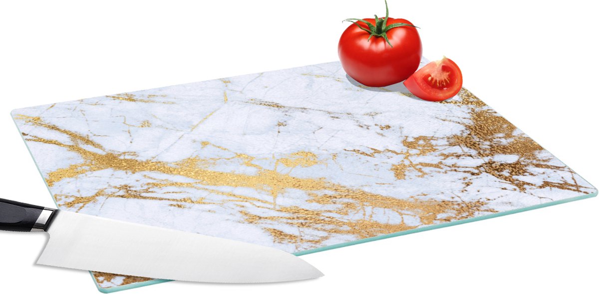 Glazen Snijplank - 39x28 - Marmer print - Goud - Wit - Luxe - Marmerlook - Glitter - Snijplanken Glas