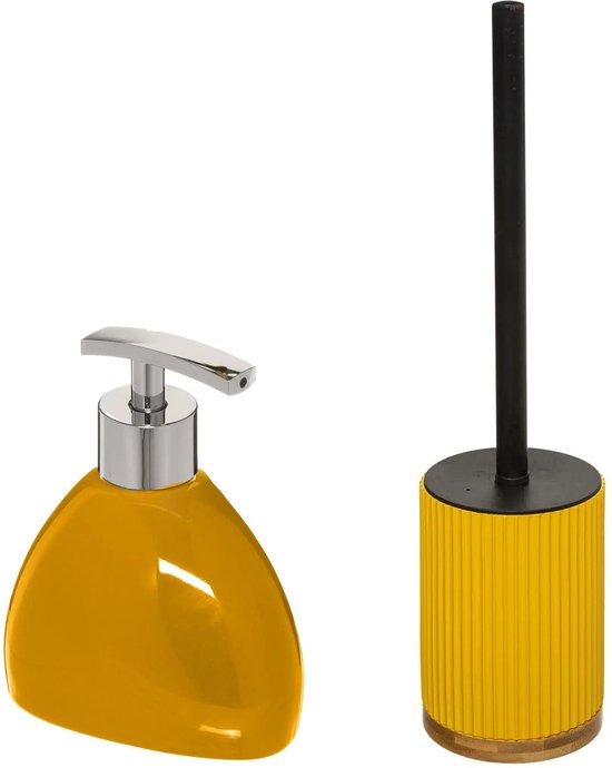 5Five Toiletborstel mosterdgeel 40 cm met zeeppompje 300 ml polyresin