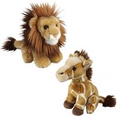 Ravensden - Knuffeldieren set leeuw en giraffe pluche knuffels 18 cm