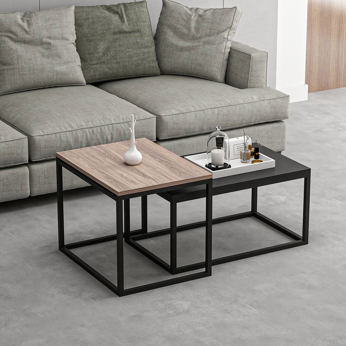 en.casa Salontafel set van 2 Aabenraa Eiken zwart Eiken en zwart