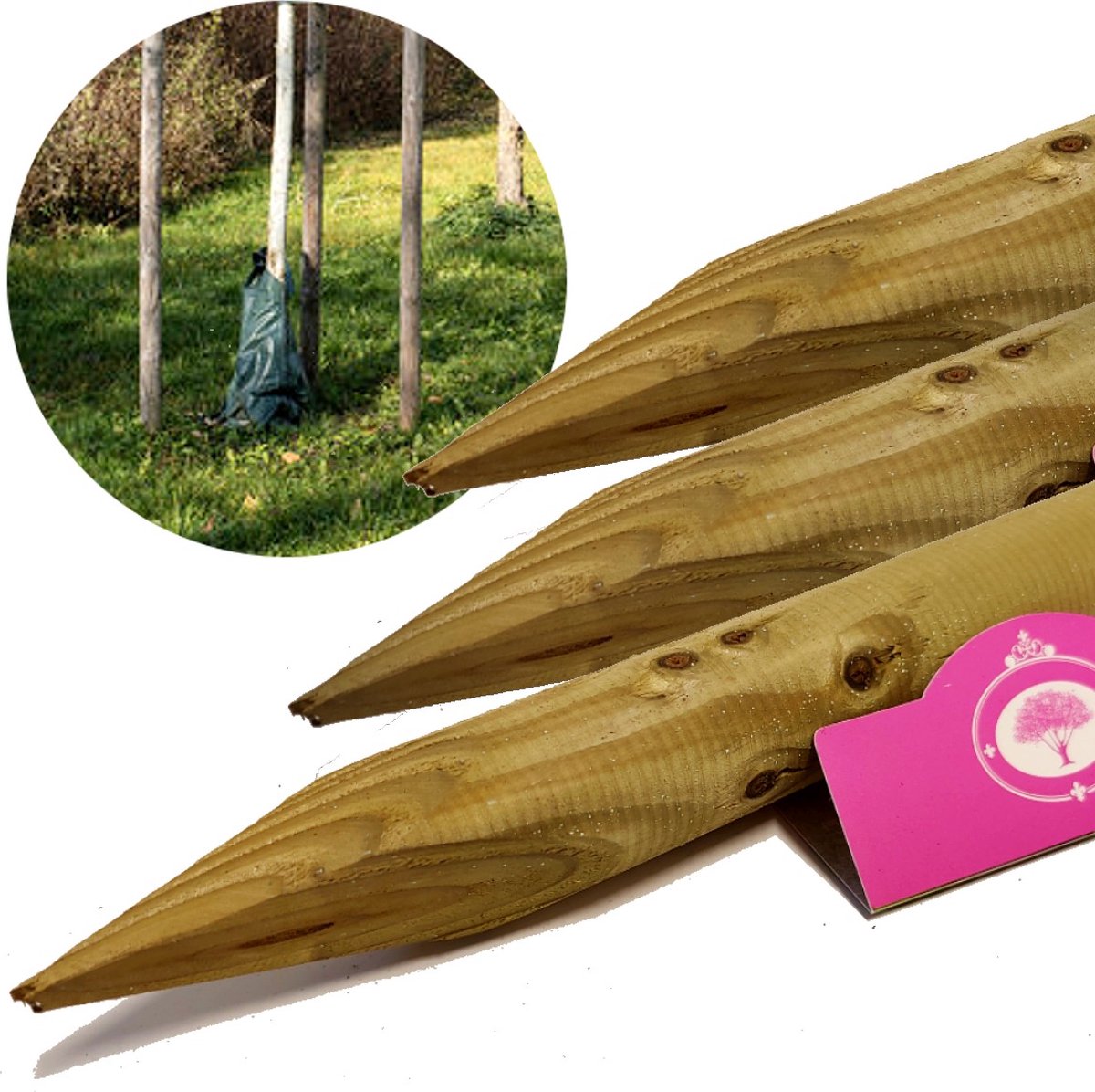 Set van 3 Houten palen - Hoogte 128cm - Dikte 4cm - Rond met punt - geïmpregneerd - gefreesd - plantensteun