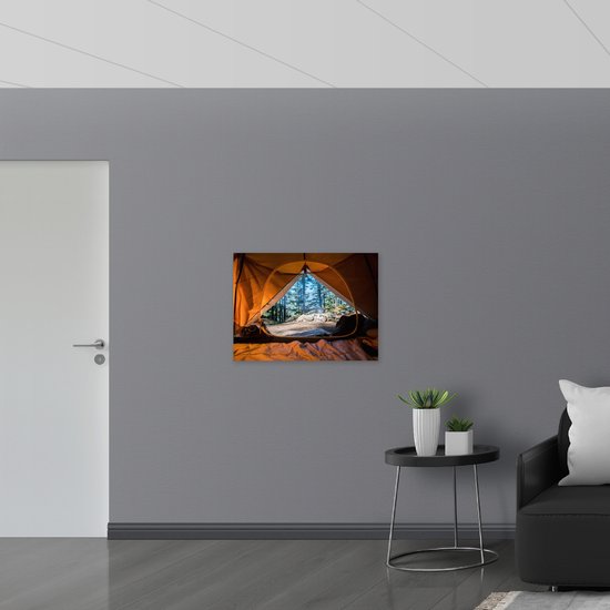 WallClassics - Feuille de Mousse PVC - Vue sur la Forêt depuis la Tente Cosy - Photo 80x60 cm sur Feuille de Mousse PVC (Avec Système d'accrochage)