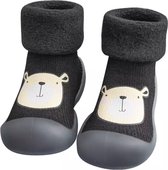 Fleece anti-slip babyschoentjes - Sok sloffen - Eerste loopschoentjes van Baby-Slofje - Zwart beer - maat 18/19