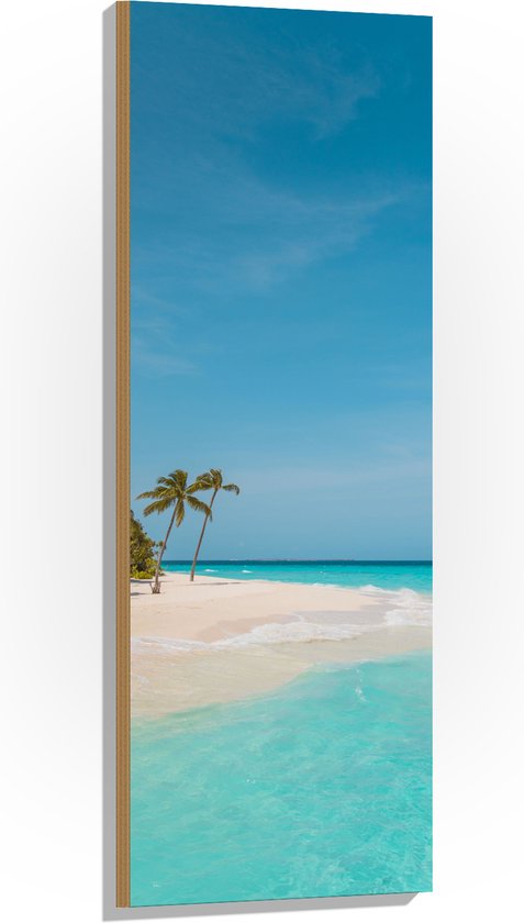 WallClassics - Hout - Tropisch Strand met Palmbomen - 40x120 cm - 12 mm dik - Foto op Hout (Met Ophangsysteem)