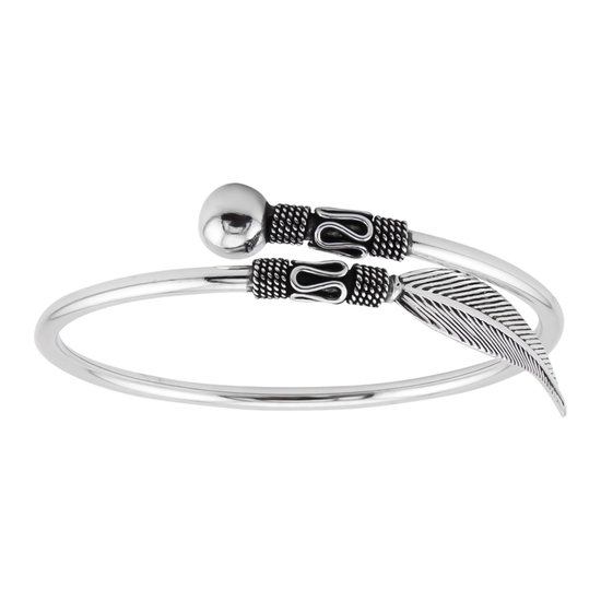 Zilveren armband dames | Zilveren armband, bangle in Bali stijl met veer en gladde kraal