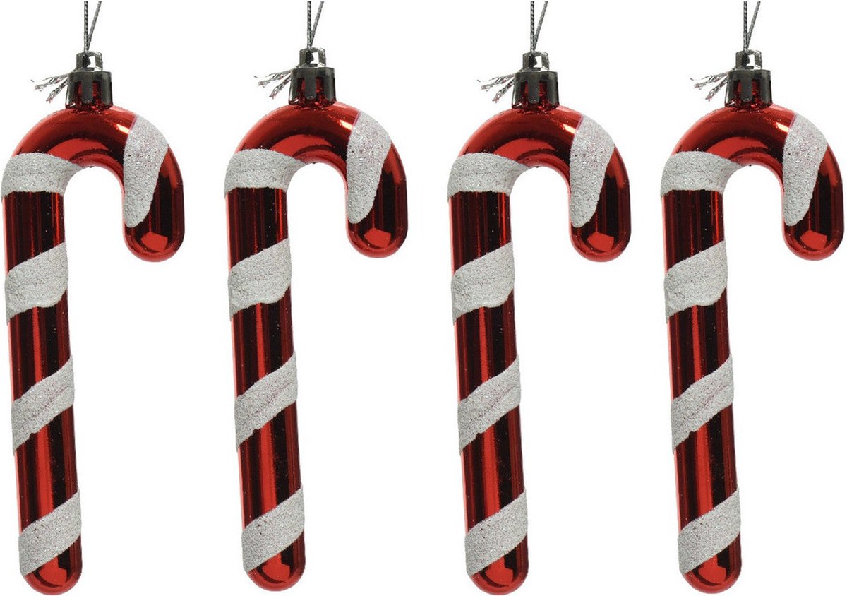 Decoris 4x Kerstboomhangers rood/witte zuurstokken 12 cm kerstversiering - Rood/witte kerstversiering/boomversiering Multi
