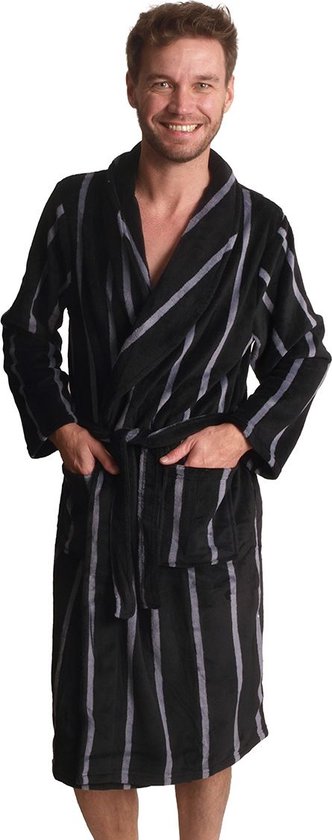 Zwarte badjas heren - strepen - fleece - warme badjas - zacht - cadeau voor hem - maat M