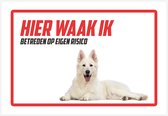 Waakbord/ bord | "Hier waak ik" | 30 x 20 cm | Zwitserse Witte Herder | Dikte: 1 mm | Herdershond | Waakhond | Hond | Dog | Chien | Betreden op eigen risico | Polystyreen | Rechthoek | Witte achtergrond | 1 stuk