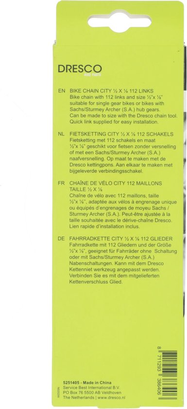 Gele verpakking van Dresco met productinformatie in meerdere talen.