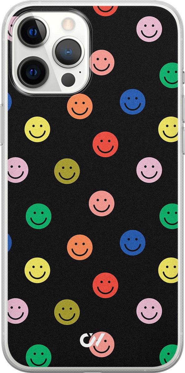 iPhone 12 Pro Max hoesje siliconen - Retro Smileys - Emoji - Zwart - Apple Soft Case Telefoonhoesje - TPU Back Cover - Casevibes