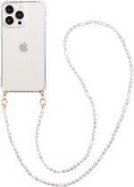 Geschikt voor iPhone 14 Pro Hoesje Met Afneembare Parel Koord - Casies telefoonhoesje met parelkoord - Strap Case - Detachable - Lanyard - Crossbody - Transparant