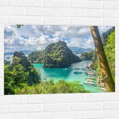 WallClassics - Muursticker - Begroeide Rots bij Helder Water - 90x60 cm Foto op Muursticker