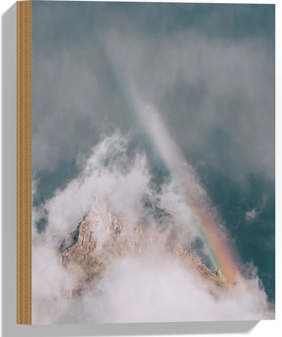 WallClassics - Hout - Regenboog met Mist boven Rotsen - 30x40 cm - 12 mm dik - Foto op Hout (Met Ophangsysteem)