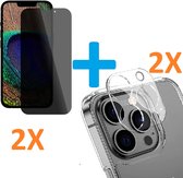 2X Privacy Scherm Tempered Glass Screen Protector Anti-Spy + 2X Camera lens Beschermer Transparant Geschikt voor: Apple iPhone 14