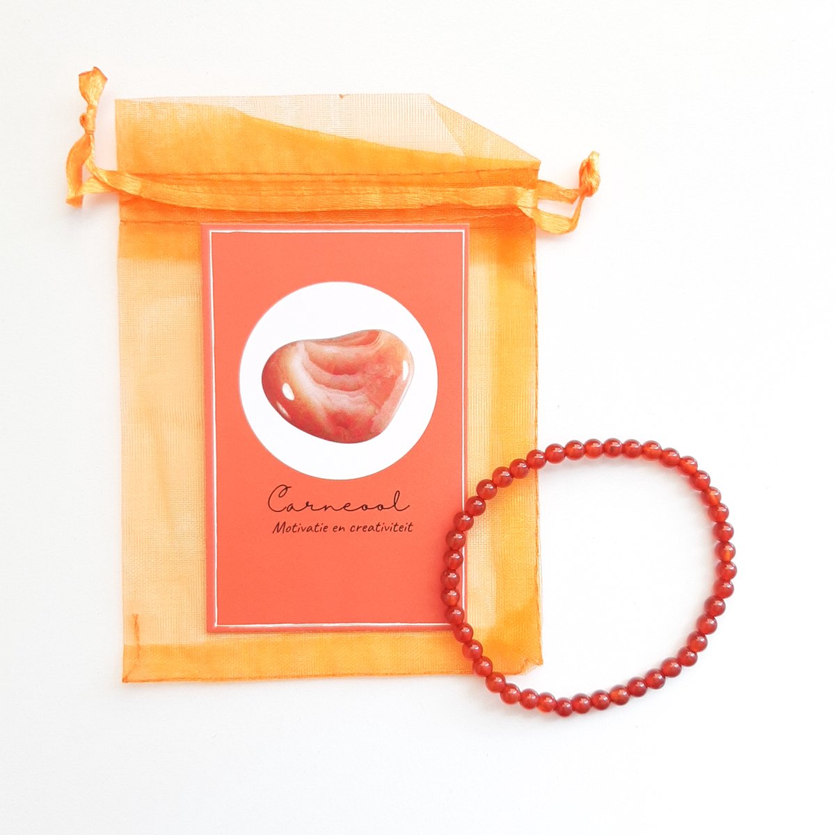 Edelsteen armband in zakje ''carneool'' motivatie en creativiteit, 4mm kralen, elastisch, cadeautje