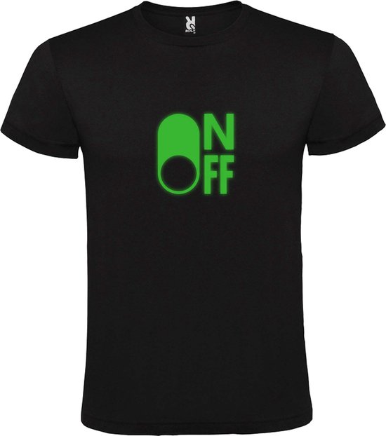 Zwart T-Shirt met “ On/Off Button OFF “ afbeelding Glow in the Dark Groen Size XS