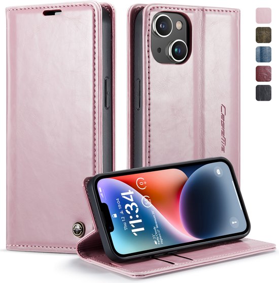 CaseMe - Coque de téléphone adaptée pour Apple iPhone 14 - Etui portefeuille à rabat - Fermeture magnétique - Rose