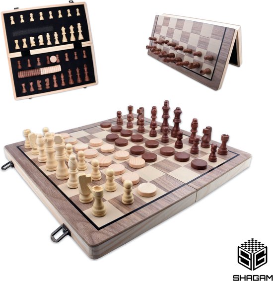 Afbeelding van het spel 2-in-1 Bordspel - 39 cm - Magnetisch - Schaakbord - Dambord - Backgammon - Schaakspel - Schaakset - Schaken - Dammen - Met Schaakstukken - Chess - Hout - Opklapbaar