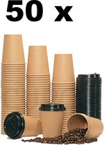 Kartonnen Koffiebeker 8oz 240ml bruin + zwarte deksels - 50 Stuks - wegwerp papieren bekers - drank bekers - milieuvriendelijk
