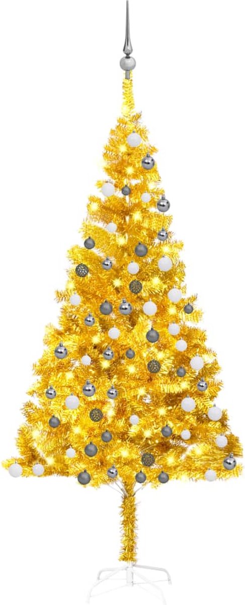 Prolenta Premium - Kunstkerstboom met LED's en kerstballen 180 cm PET goudkleurig