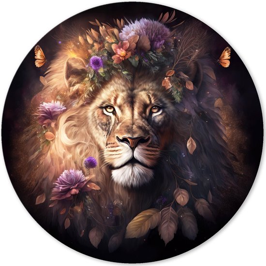Graphic Message - Cercle Mural - Lion avec Fleurs et Papillons - Living Circle Zwart