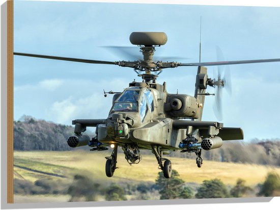 WallClassics - Hout - Legerhelikopter landend in Landschap - 80x60 cm - 12 mm dik - Foto op Hout (Met Ophangsysteem)