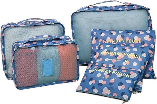 sacs de valise | Fleurs | 7 pièces | Bleu | Sacs de voyage | organisateur de voyages | Cubes d'emballage | Organisateur pour valise | Camping et voyages | trousse de Toilettes | Trousse de maquillage | Organisateur pour bagages à main et voyage |