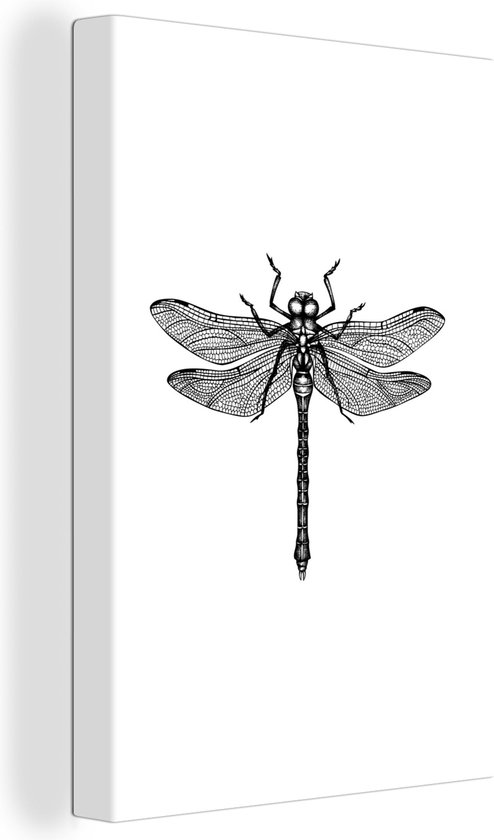 Canvas Schilderij Libelle - Insecten - Retro - Zwart wit - 60x90 cm - Wanddecoratie