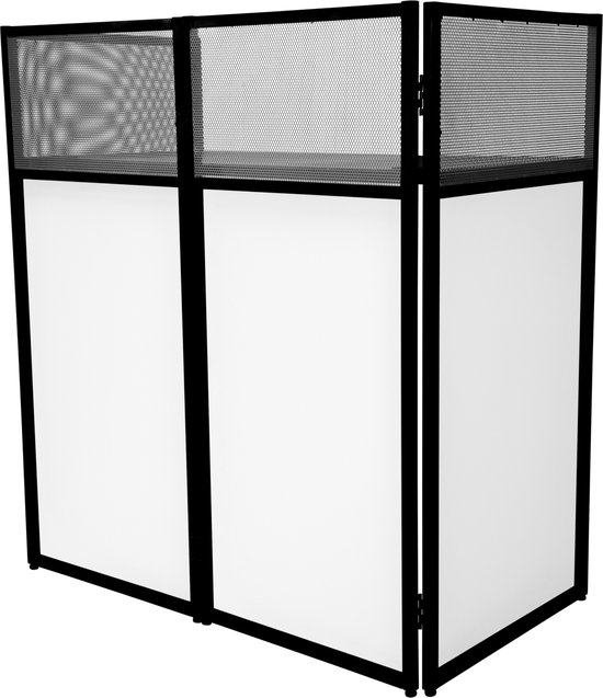 Zwarte DJ-booth met een vouwbaar ontwerp, witte stoffen panelen en een mesh bovenkant.