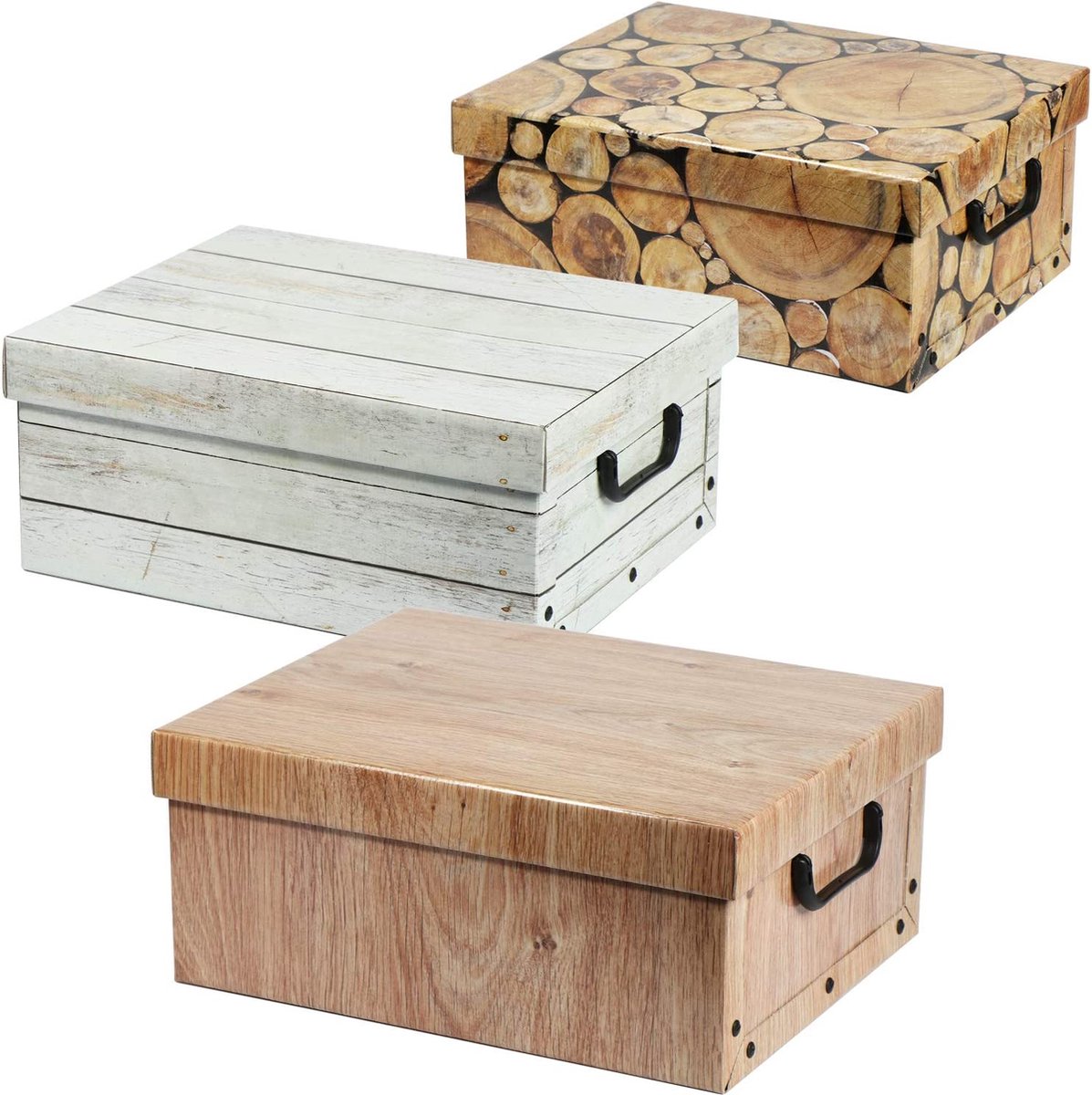 3x opbergdoos in houtlook - decoratief karton, kartonnen doos, doos, doos met deksel en handvatten - voor het opbergen van documenten, knutselaccessoires, kerstballen