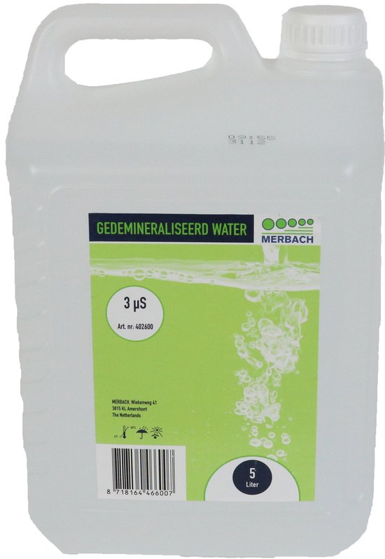 Merbach Gedemineraliseerd Water 5 Liter - Demi water - Strijkwater - Hoge Kwaliteit Gefilterd op alle Zouten en Mineralen