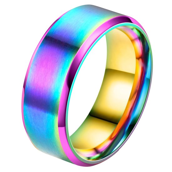 Despora - Ring (glad) - Ringen - Ring Dames - Ring Heren - Regenboogkleurig RVS - (22.25 mm / maat 70)