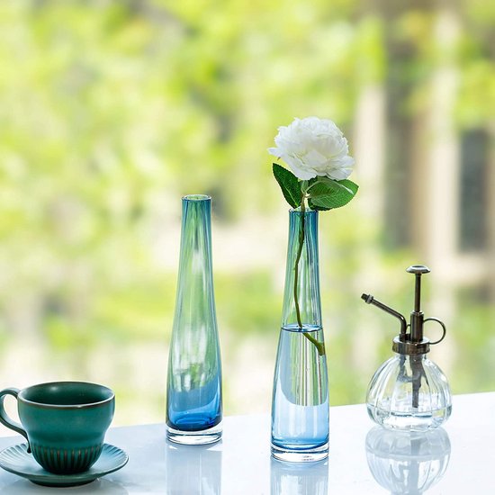Kleine glazen vaas voor bloemen, 2 stuks blauwe eenvoudige knop vaas lange dunne smalle nek vazen voor thuis woonkamer kantoor indoor decor bruiloft tafel desktop centrepieces