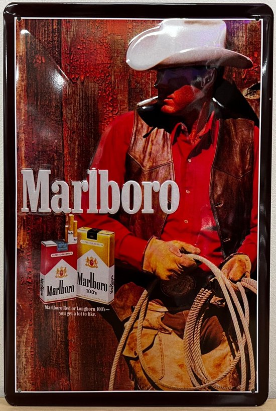 Marlboro sigaretten Cowboy Lasso Reclamebord van metaal 30 x 20 cm GEBOLD BORD MET RELIEF METALEN-WANDBORD - MUURPLAAT - VINTAGE - RETRO - HORECA- WANDDECORATIE -TEKSTBORD - DECORATIEBORD - RECLAMEPLAAT - WANDPLAAT - NOSTALGIE -CAFE- BAR -MANCAVE