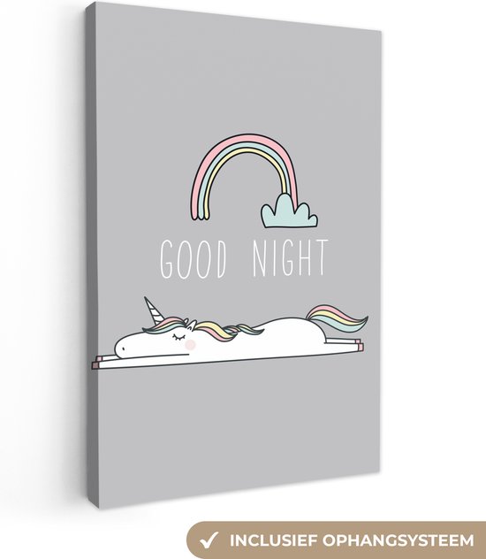 Canvas schilderij unicorn - Quotes - Good night - Eenhoorn - Tekst - Regenboog - Spreuken - Wanddecoratie meisjes - Kinderkamer decoratie - 60x90 cm