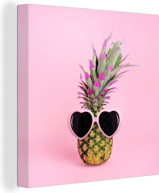 Canvas Schilderij Een ananas tegen een roze achtergrond met een zonnebril - 20x20 cm - Wanddecoratie