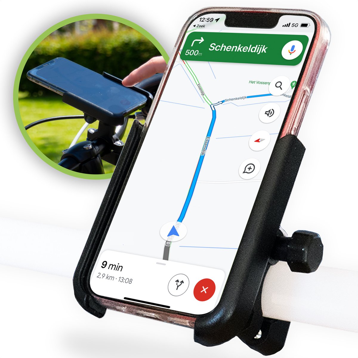 Naido Premium Telefoonhouder Fiets - GSM houder Fiets - Fietshouder - Fiets accessoires - Ook voor Motor - Aluminium – Zwart