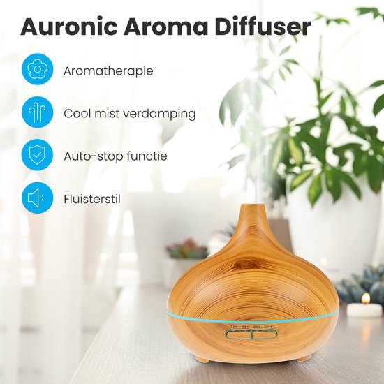 Auronic Aroma Diffuser - 300 ml - Luchtbevochtiger - 7 LED Kleuren - Incl. 2x Etherische Olie - Lichtbruin