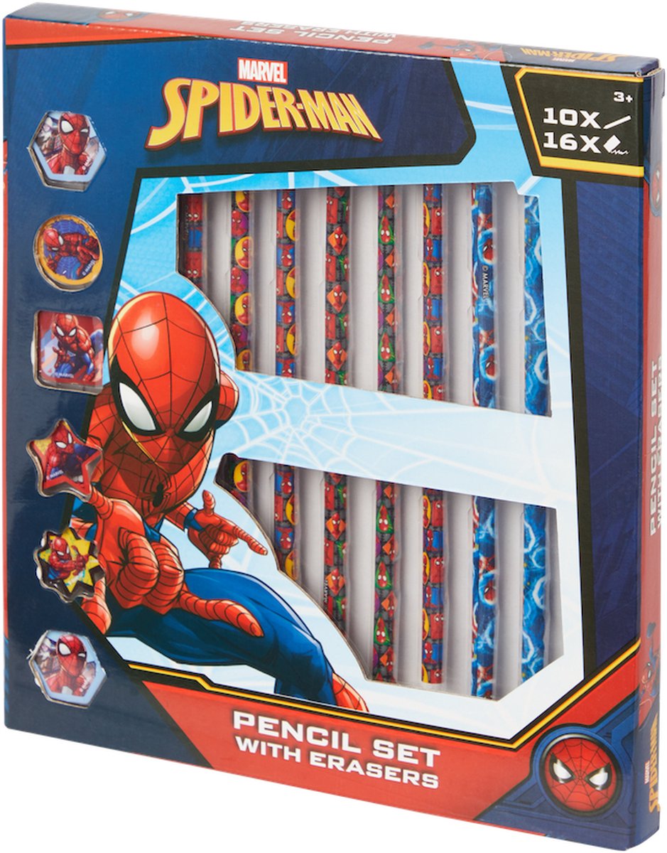 10 stuks - Kleurpotloden met gum - Spiderman - Rood - 16 gummen
