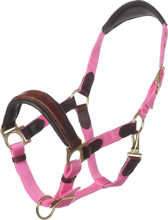 Roze halster met bruine leren details en gouden gespen.