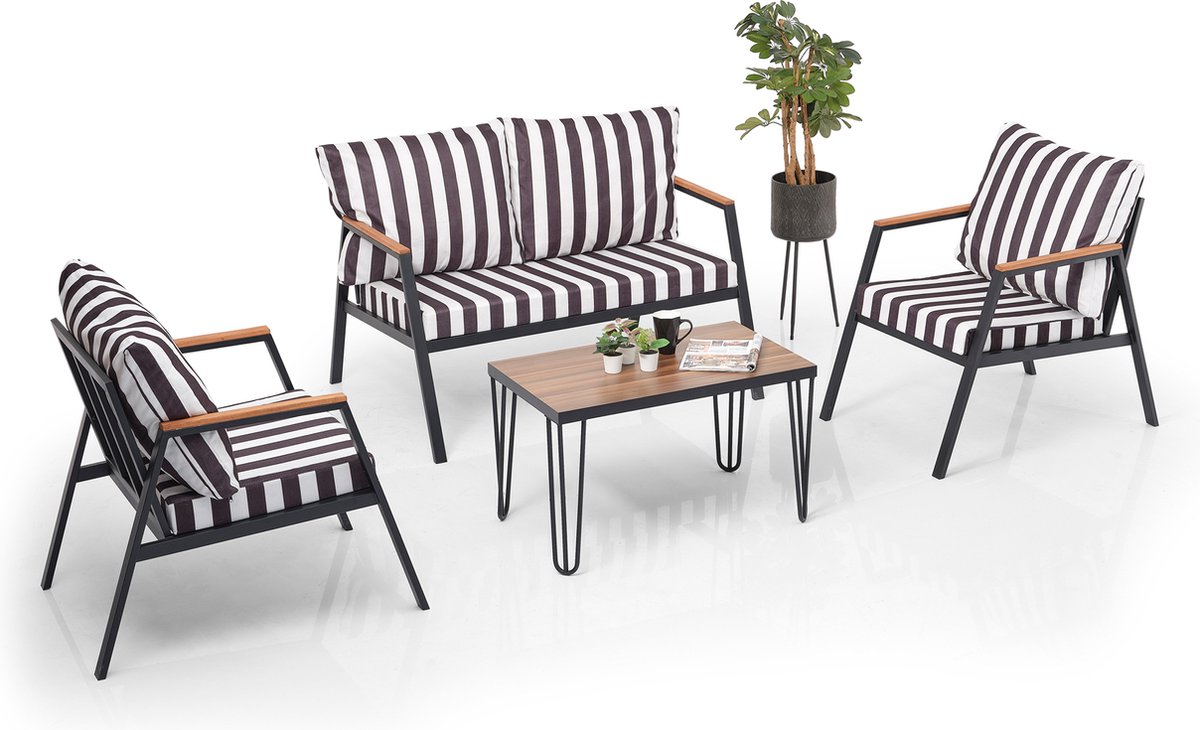 Tuinmeubelset - Loungeset - Tuinset 4 persoons - Outdoor - Incl. Kussens en tafel - Zebra - Metaal - Classic