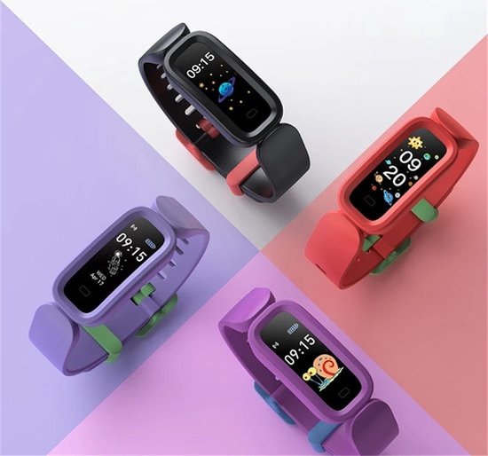 Vier kinder smartwatches in rood, paars, zwart en lichtpaars met een vrolijk, kleurrijk scherm.