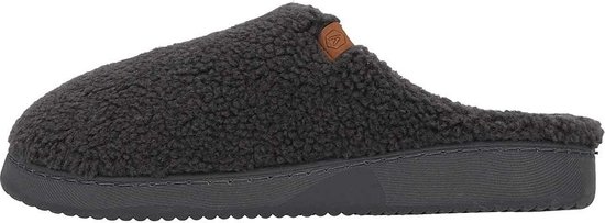 Donkergrijze teddy pantoffel met een bruin Apollo label.