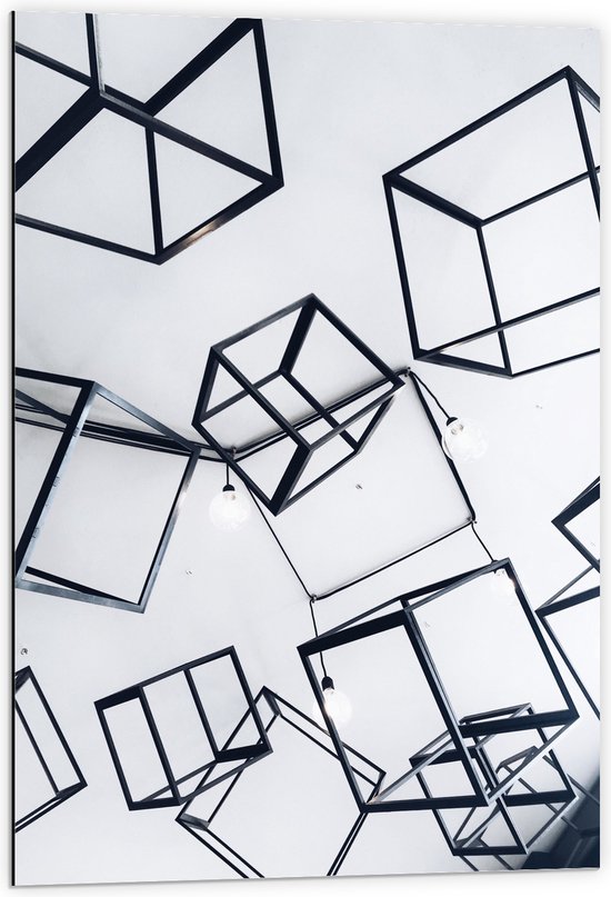 Dibond - Geometrisch Vliegend door Witte Omgeving - 60x90 cm Foto op Aluminium (Wanddecoratie van metaal)