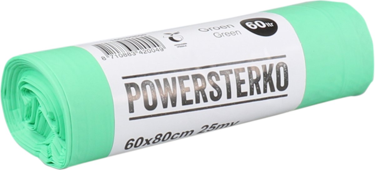 PowerSterko Afvalzak - Bioplastic o.b.v. Zetmeelblend - 60l - 60x80cm - 25my - groen - 24 rol